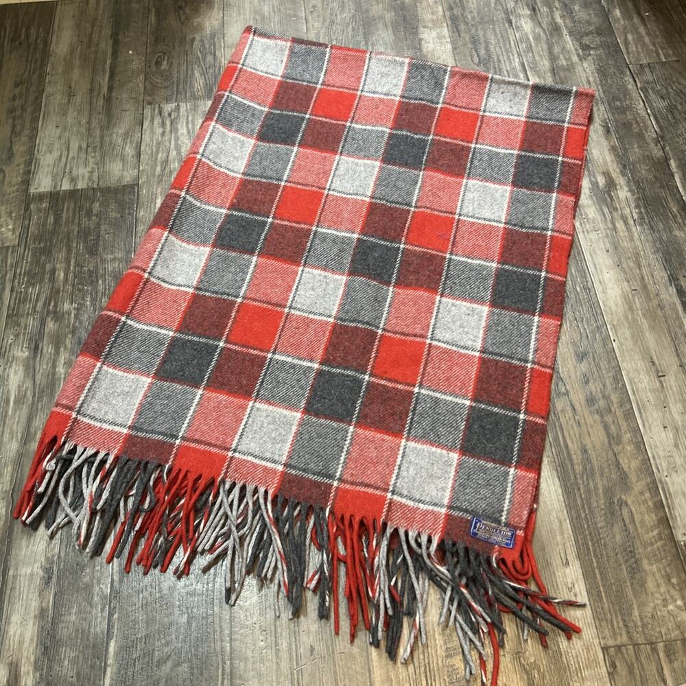 Vintage Pendleton Fringed Throw Blanket 100% Virgin Wool Red Grey OSU Plaid